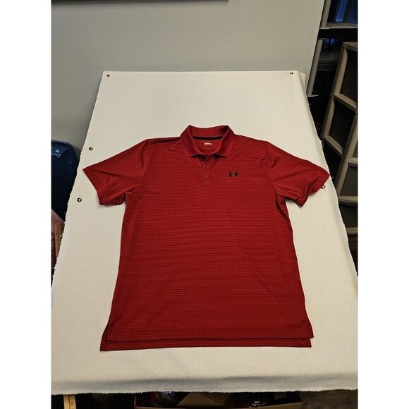 Under Armour Polo Shirt Mens  Large Red Black Stripe Loose Fit Performance Golf - Picture 1 of 7